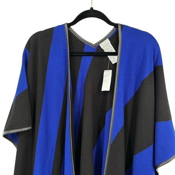 Chico’s Faux Leather Trim Sweater Ruana Blue Seafaring Blue Size S/M - Picture 7 of 11